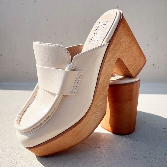BEAST FASHION Shoes - NEW Penny Loafer Wooden Platform Heel Clog Mules Shoes Chunky Off White Bone